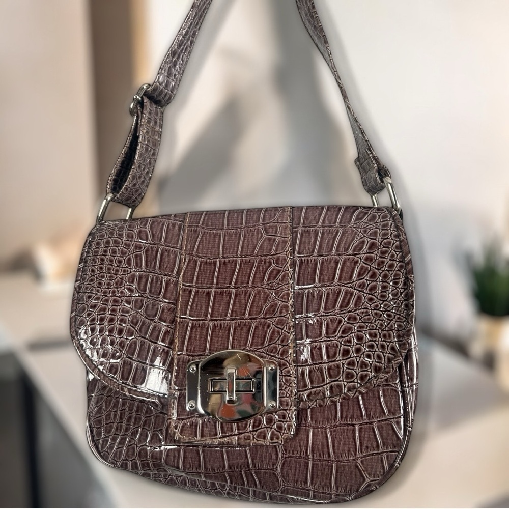 Treviso Brown Vegan Leather Croc-Embossed Brown Shoulder Bag Silver Accent